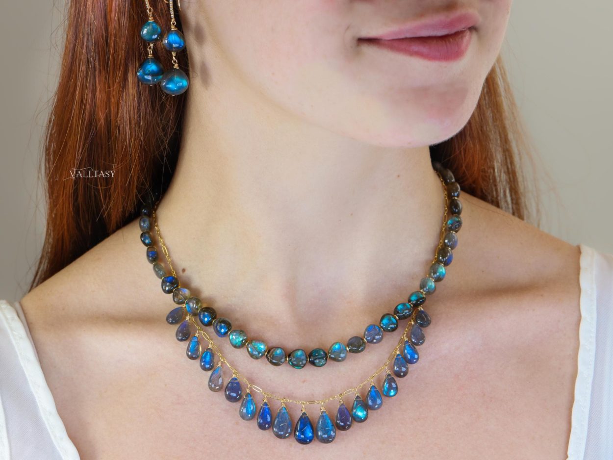 Solid Gold 14K Labradorite Necklace, Bold Blue Labradorite Beaded Necklace
