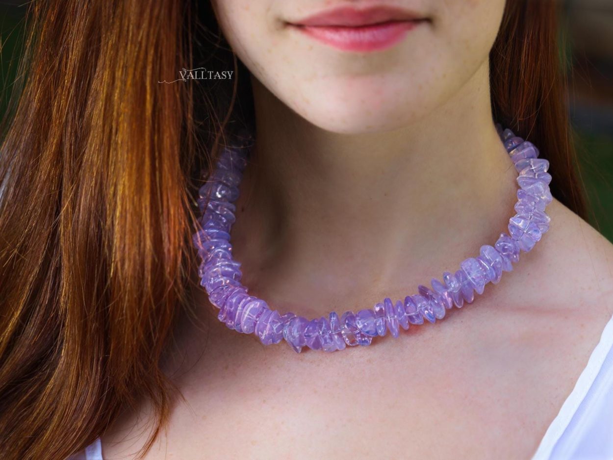 Solid Gold 14K Lavender Quartz Necklace, Genuine Lavender Moon Quartz Gemstone Beaded Necklace