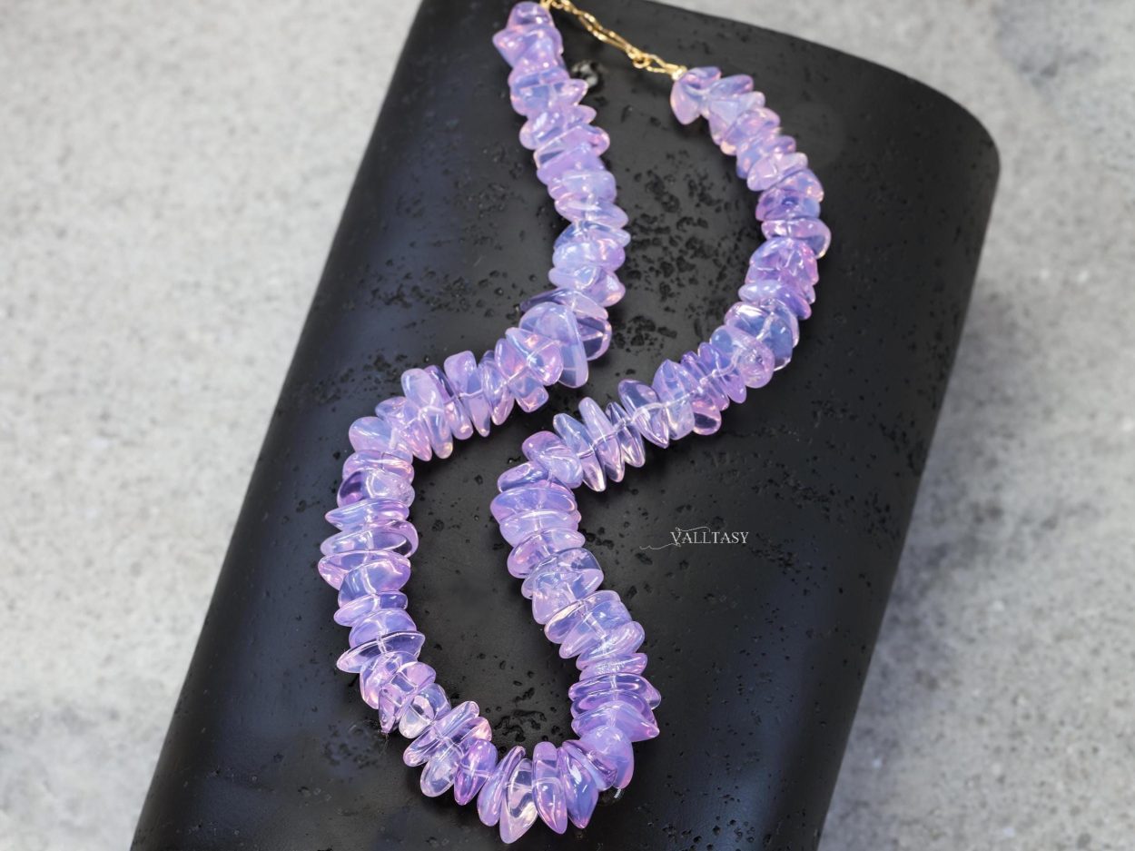 Solid Gold 14K Lavender Quartz Necklace, Genuine Lavender Moon Quartz Gemstone Beaded Necklace