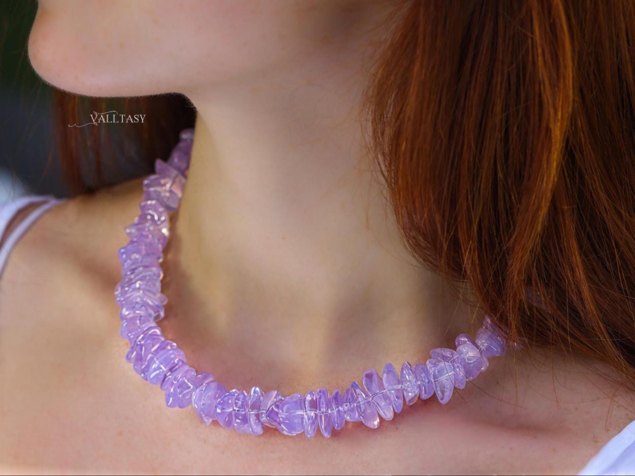 Solid Gold 14K Lavender Quartz Necklace, Genuine Lavender Moon Quartz Gemstone Beaded Necklace