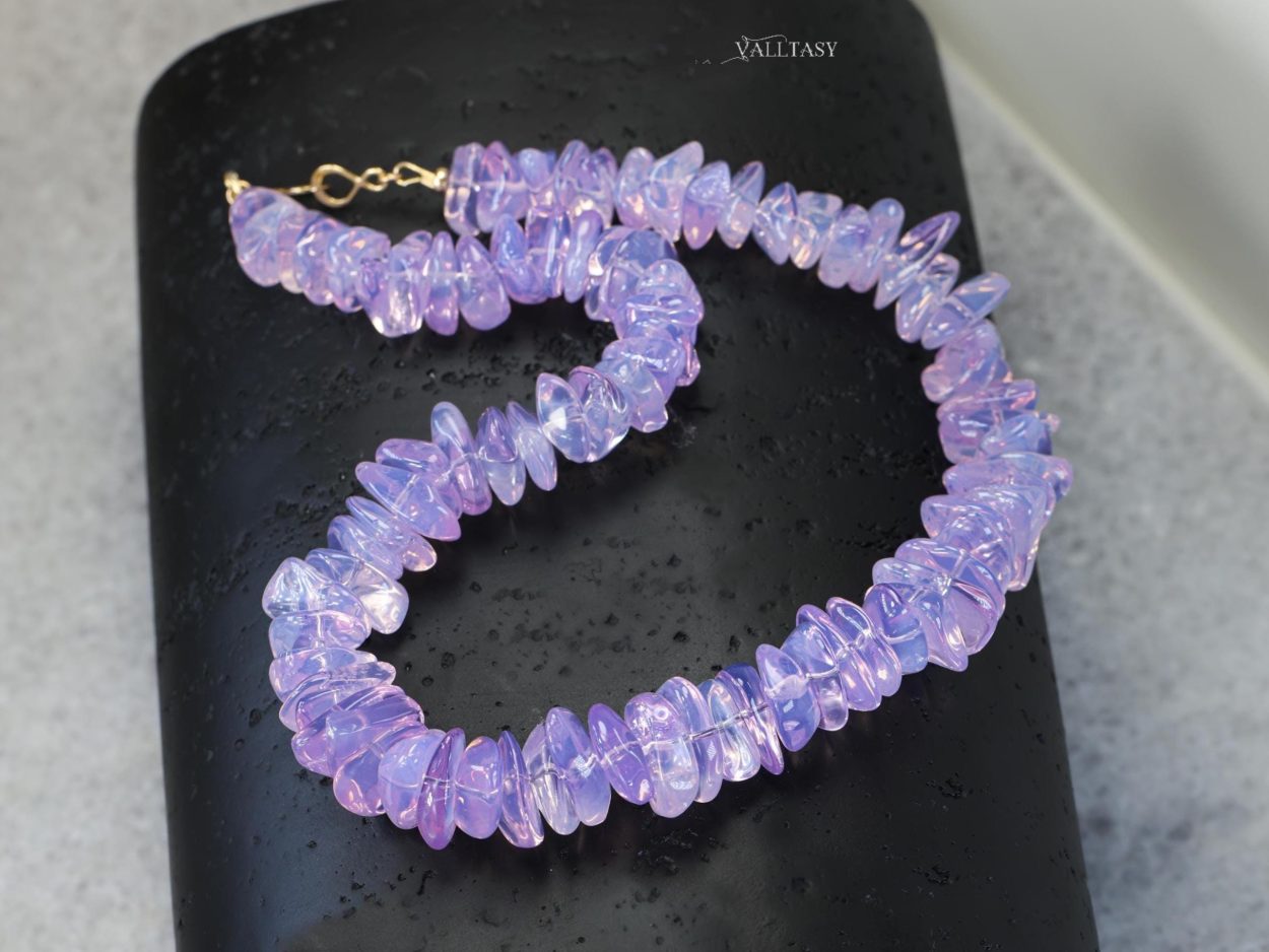 Solid Gold 14K Lavender Quartz Necklace, Genuine Lavender Moon Quartz Gemstone Beaded Necklace