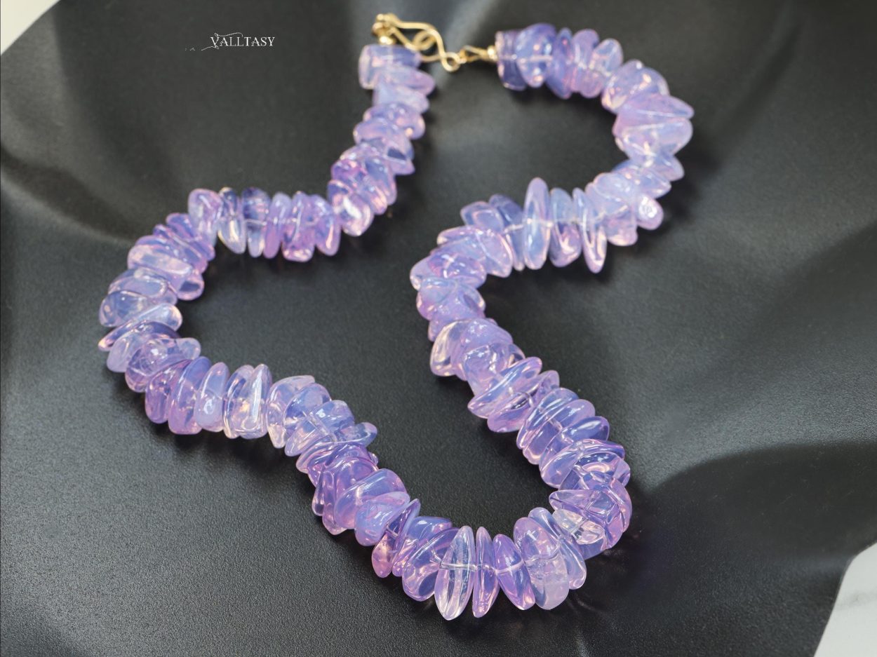 Solid Gold 14K Lavender Quartz Necklace, Genuine Lavender Moon Quartz Gemstone Beaded Necklace