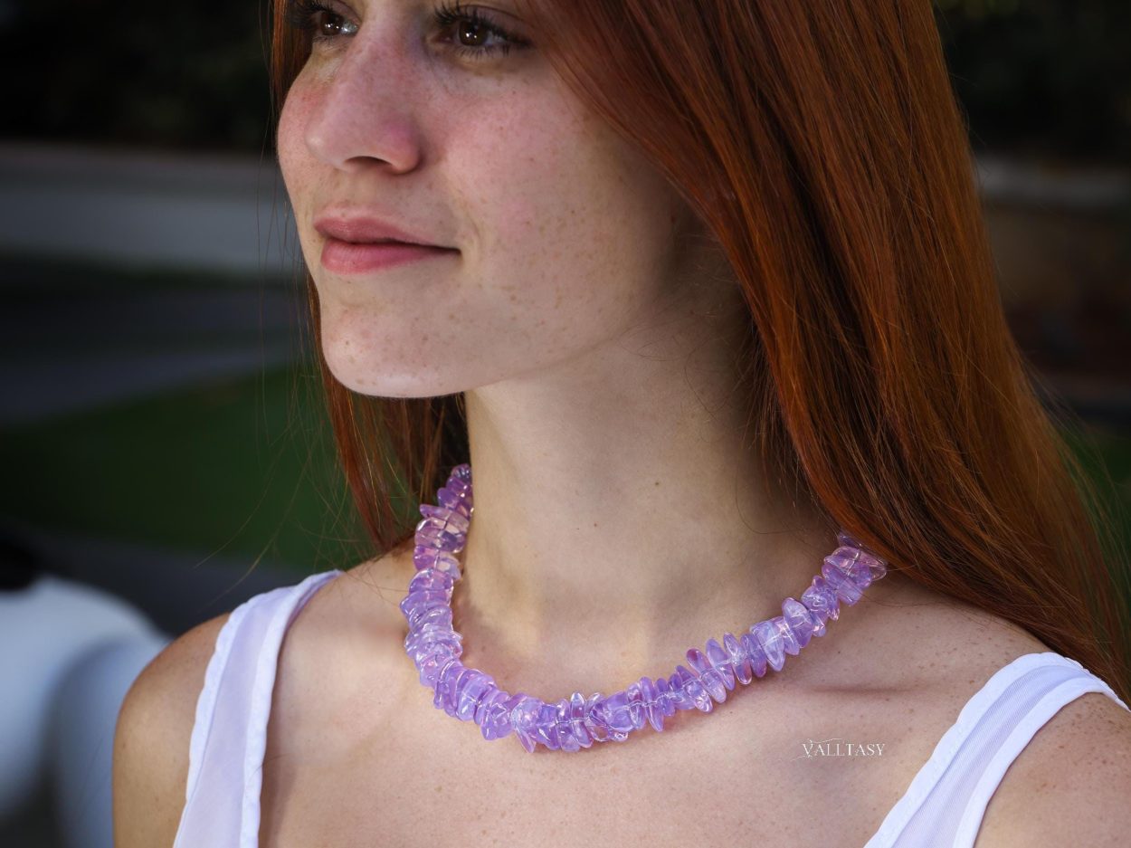 Solid Gold 14K Lavender Quartz Necklace, Genuine Lavender Moon Quartz Gemstone Beaded Necklace