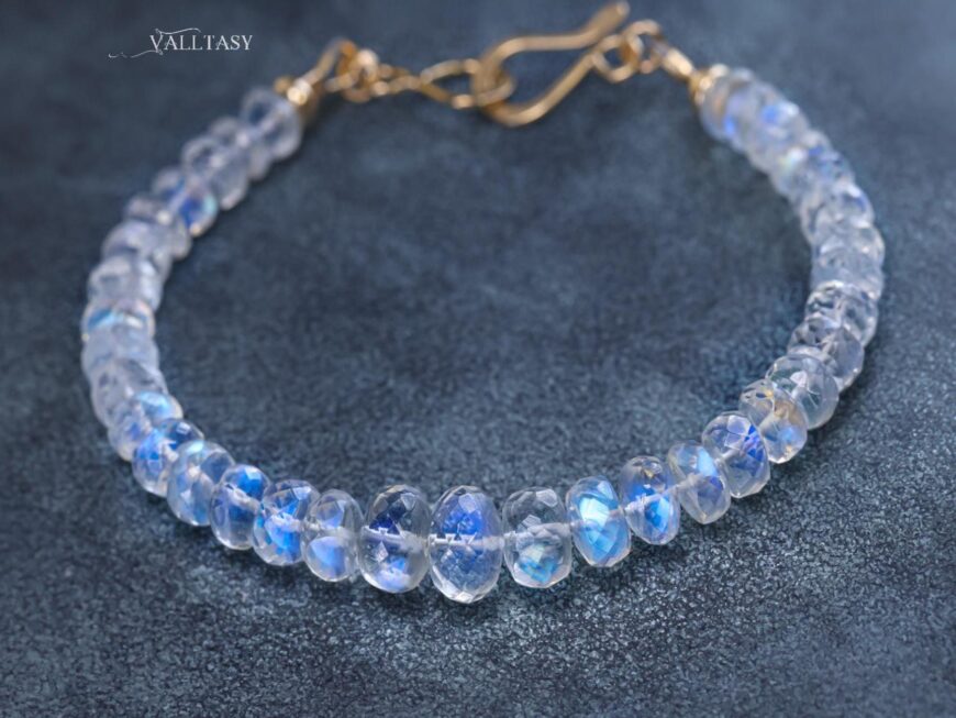 Solid Gold 14K Rainbow Moonstone Blue Glow Bracelet, Moonstone Beaded Bracelet