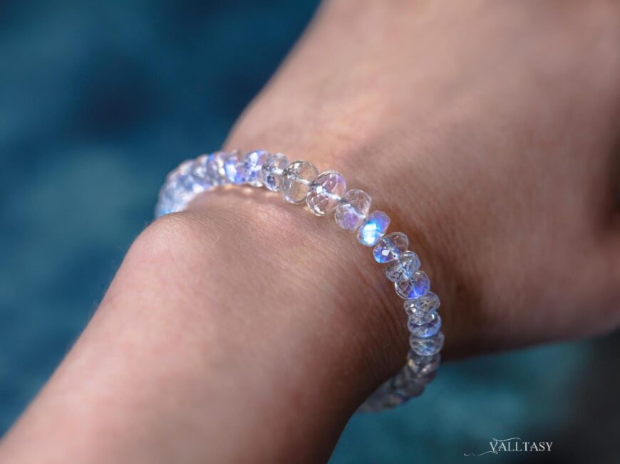 Solid Gold 14K Rainbow Moonstone Blue Glow Bracelet, Moonstone Beaded Bracelet