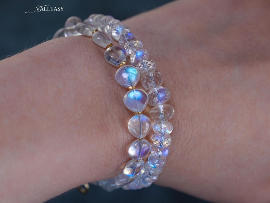 Solid Gold 14K Rainbow Moonstone Blue Glow Bracelet, Moonstone Beaded Bracelet
