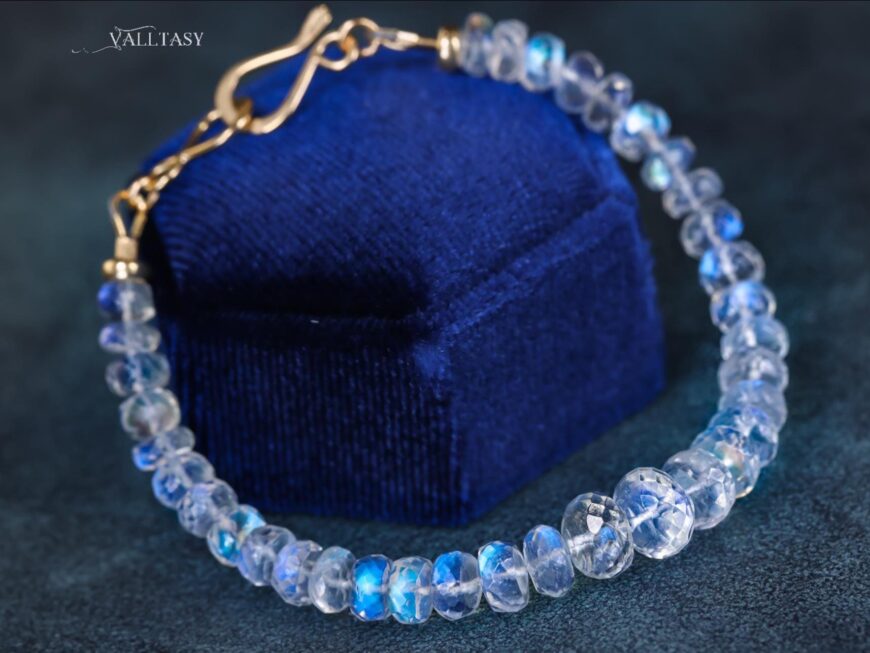 Solid Gold 14K Rainbow Moonstone Blue Glow Bracelet, Moonstone Beaded Bracelet