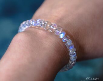 Solid Gold 14K Rainbow Moonstone Blue Glow Bracelet, Moonstone Beaded Bracelet