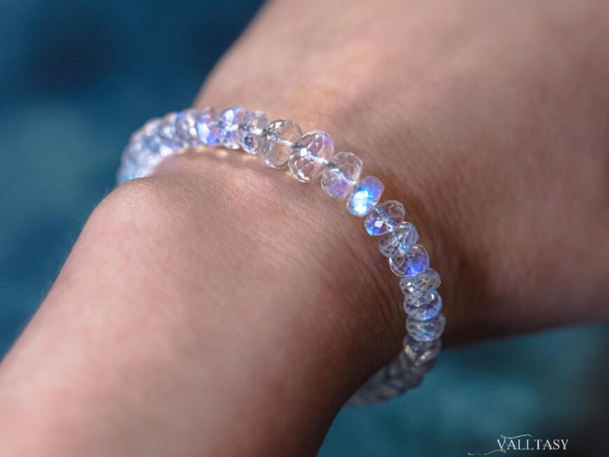 Solid Gold 14K Rainbow Moonstone Blue Glow Bracelet, Moonstone Beaded Bracelet