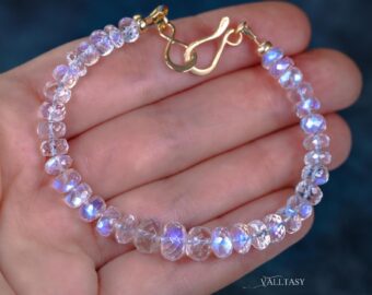 Solid Gold 14K Rainbow Moonstone Blue Glow Bracelet, Moonstone Beaded Bracelet