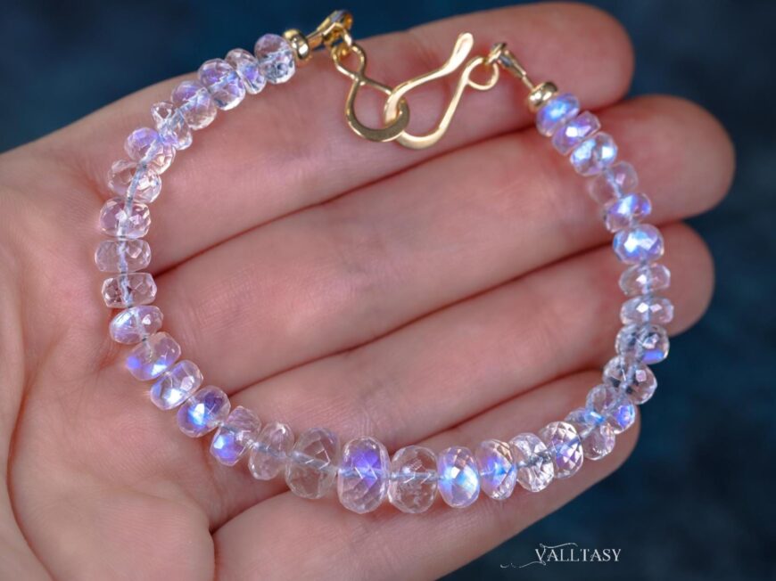 Solid Gold 14K Rainbow Moonstone Blue Glow Bracelet, Moonstone Beaded Bracelet