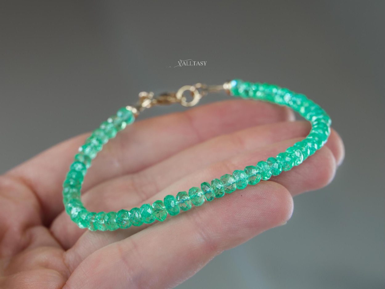 - Solid Gold 14K Colombian Emerald Bracelet, Genuine Emerald Stacking Beaded Bracelet