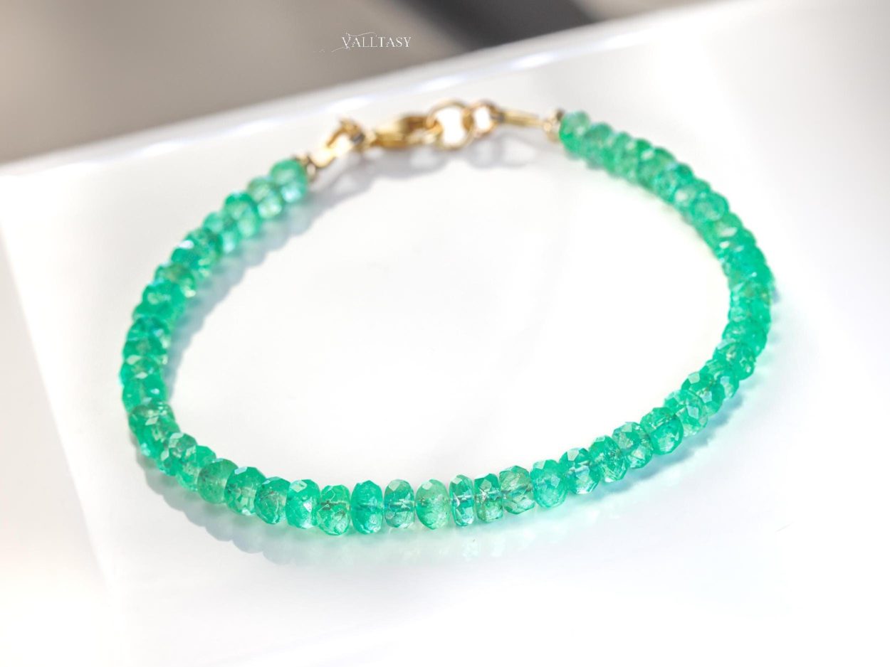 - Solid Gold 14K Colombian Emerald Bracelet, Genuine Emerald Stacking Beaded Bracelet