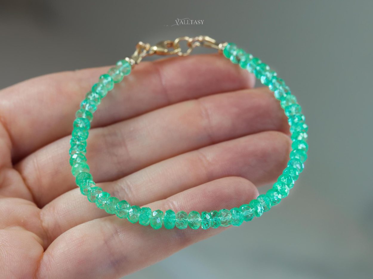 - Solid Gold 14K Colombian Emerald Bracelet, Genuine Emerald Stacking Beaded Bracelet