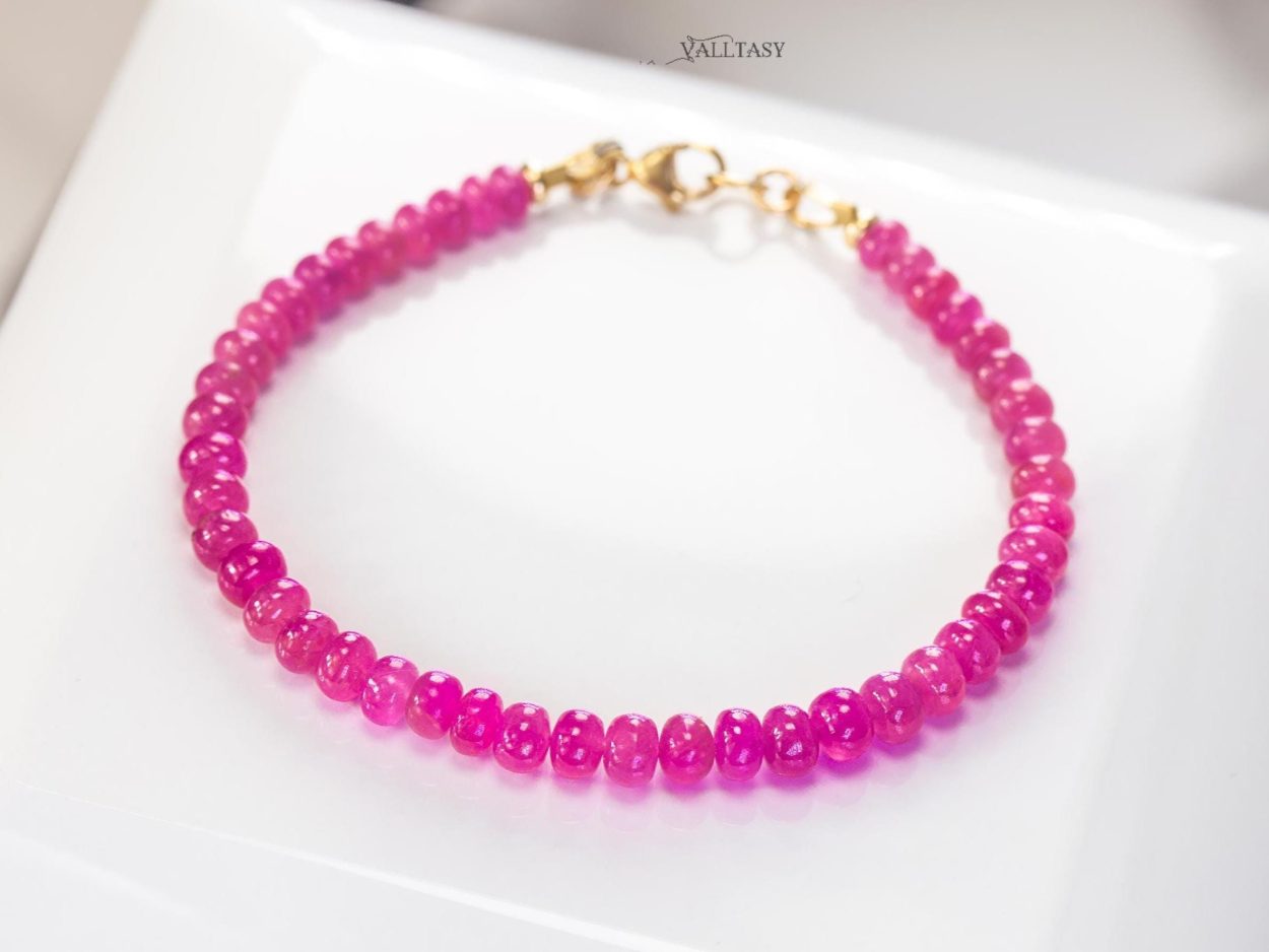 - Solid Gold 14K Pink Sapphire Bracelet, Genuine Pink Sapphire Stacking Beaded Bracelet