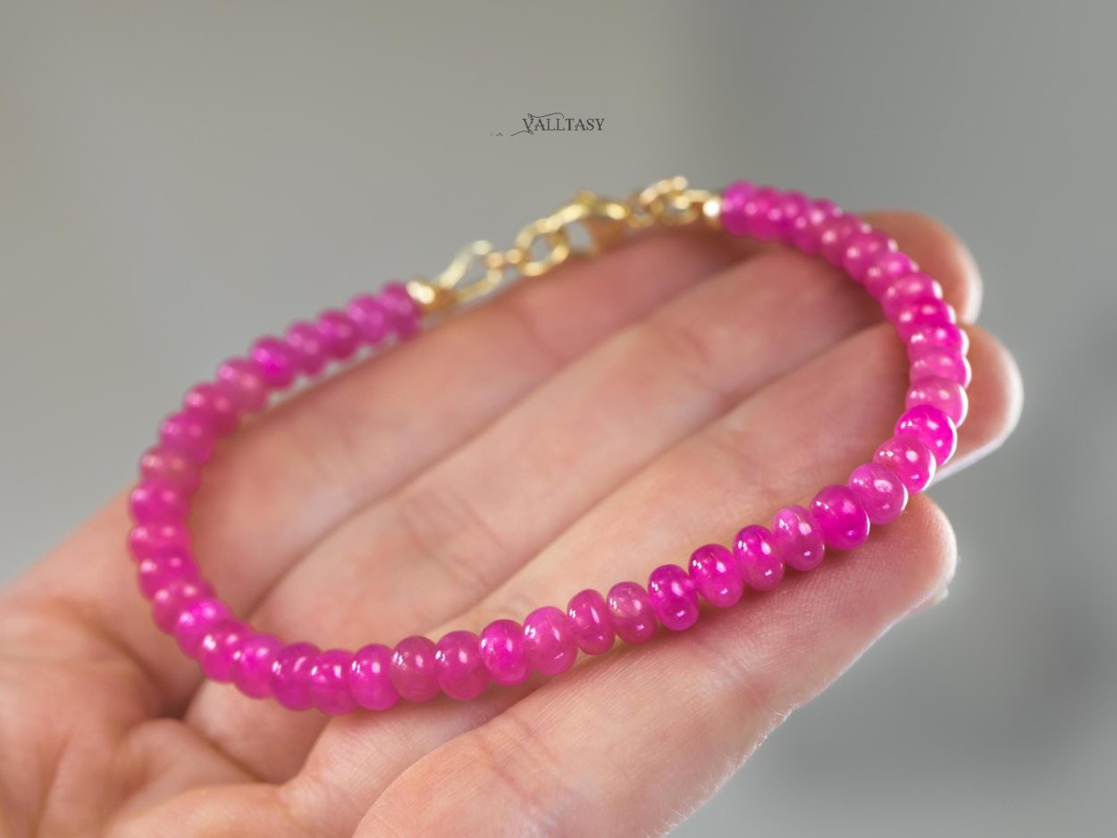 - Solid Gold 14K Pink Sapphire Bracelet, Genuine Pink Sapphire Stacking Beaded Bracelet