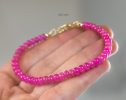 - Solid Gold 14K Pink Sapphire Bracelet, Genuine Pink Sapphire Stacking Beaded Bracelet