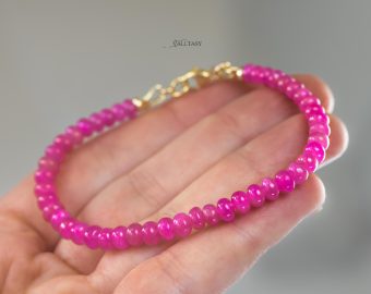 - Solid Gold 14K Pink Sapphire Bracelet, Genuine Pink Sapphire Stacking Beaded Bracelet