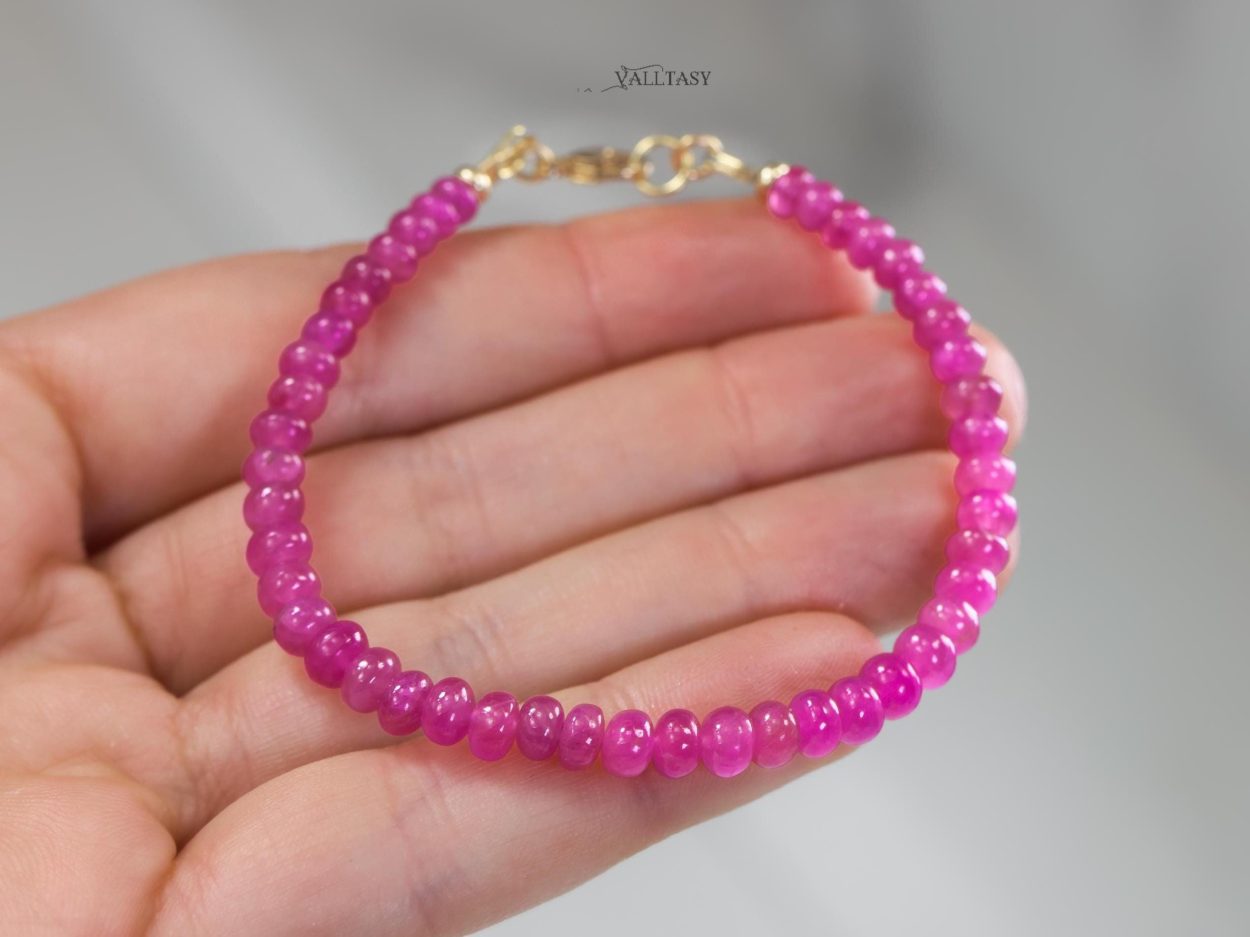 - Solid Gold 14K Pink Sapphire Bracelet, Genuine Pink Sapphire Stacking Beaded Bracelet