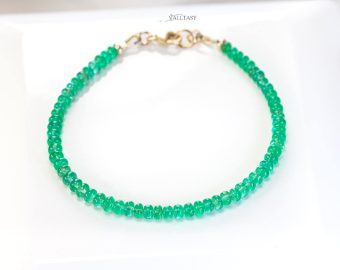 - Solid Gold 14K Zambian Emerald Bracelet, Genuine Emerald Stacking Beaded Bracelet