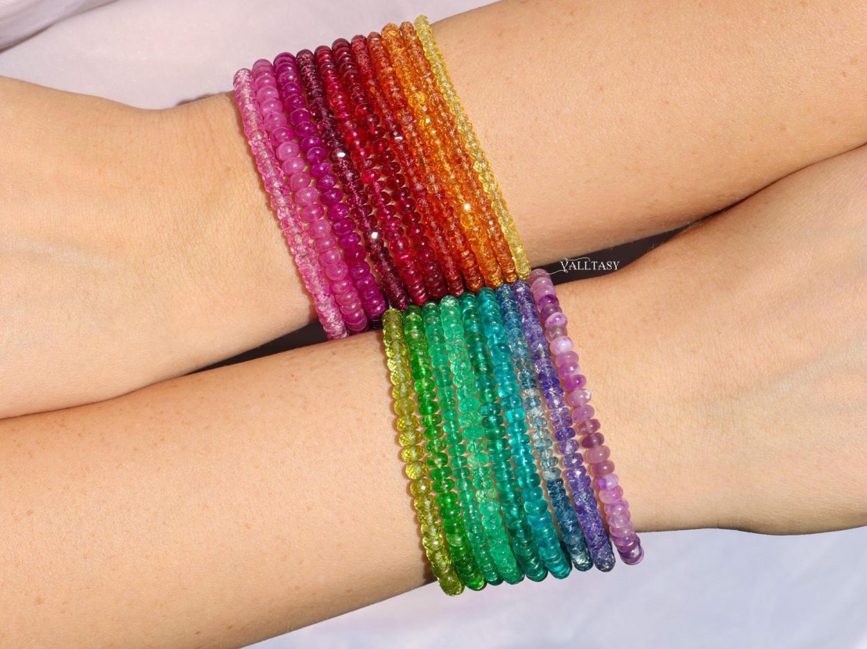 - Solid Gold 14K Colombian Emerald Bracelet, Genuine Emerald Stacking Beaded Bracelet