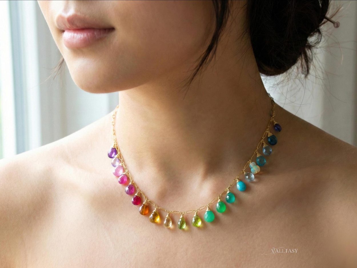 - Rainbow Multi Gemstone Necklace in Gold Filled, Precious Drop Necklace