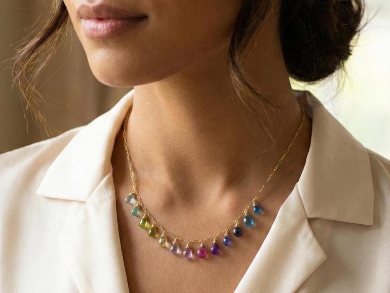 - Solid Gold 14K Multi Gemstone Colorful Rainbow Necklace