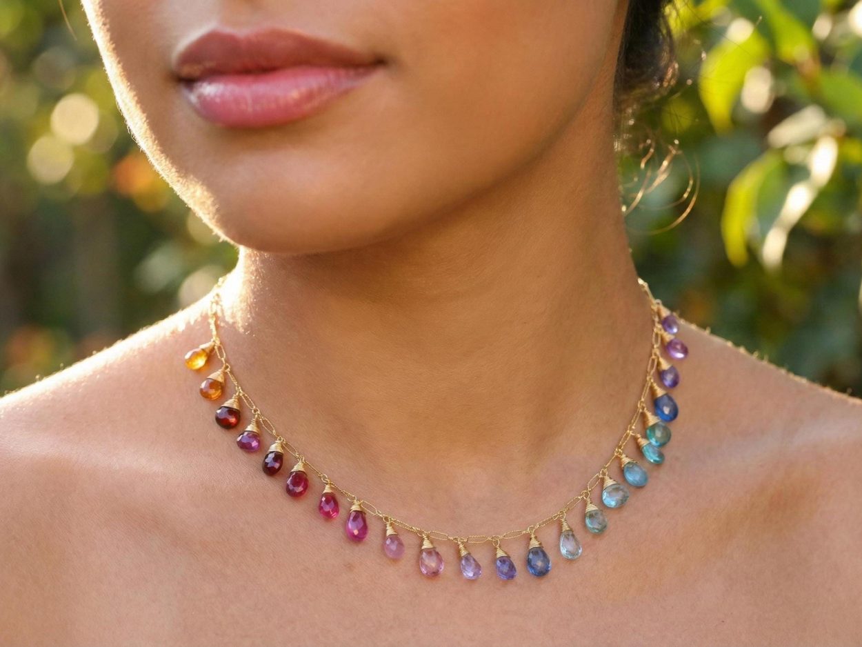 - Solid Gold 14K Rainbow Multi Gemstone Necklace, Precious Drop Necklace