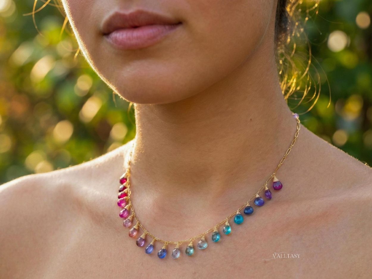 - Solid Gold 14K Rainbow Multi Gemstone Necklace, Precious Drop Necklace