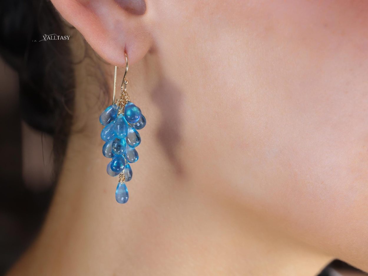 - Blue Aquamarine Earrings, Blue Aquamarine Cluster Earrings in Gold Filled