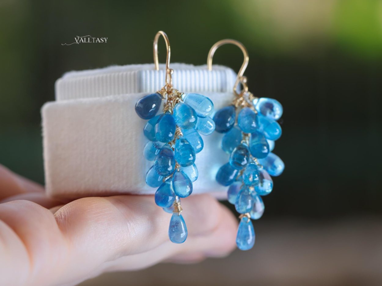 - Blue Aquamarine Earrings, Blue Aquamarine Cluster Earrings in Gold Filled
