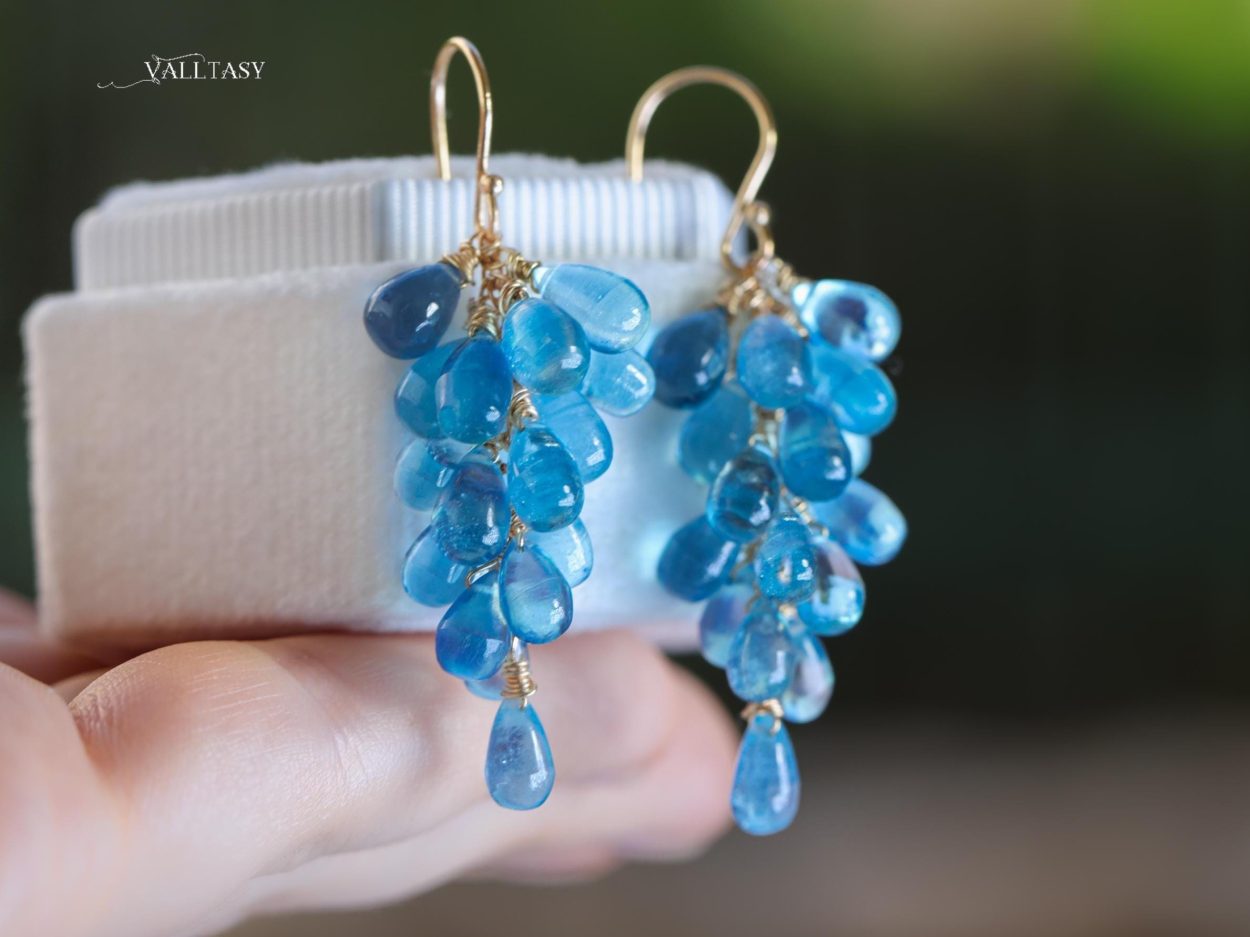 - 14K Solid Gold Blue Aquamarine Earrings, Blue Aquamarine Drop Earrings