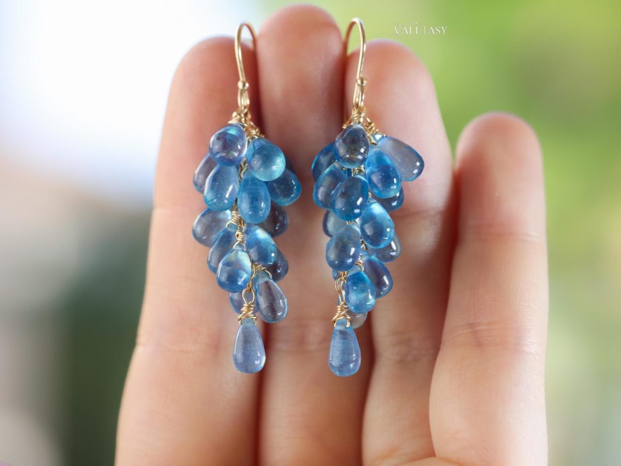 - Blue Aquamarine Earrings, Blue Aquamarine Cluster Earrings in Gold Filled