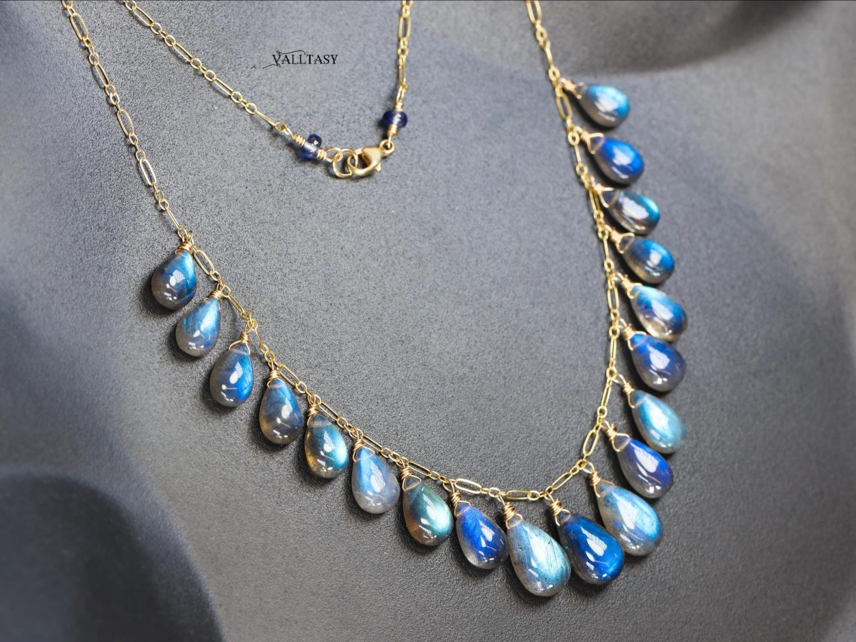 - 14K Solid Gold Blue Labradorite Necklace, Drop Necklace
