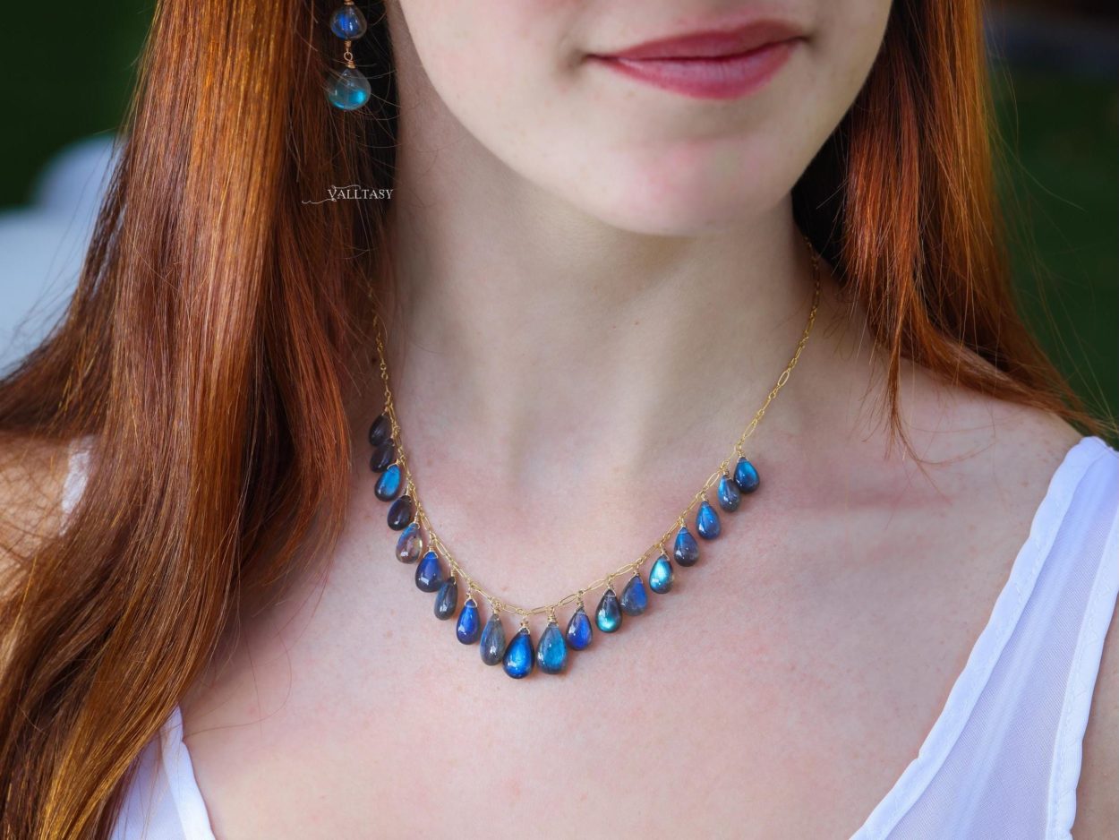 - 14K Solid Gold Blue Labradorite Necklace, Drop Necklace