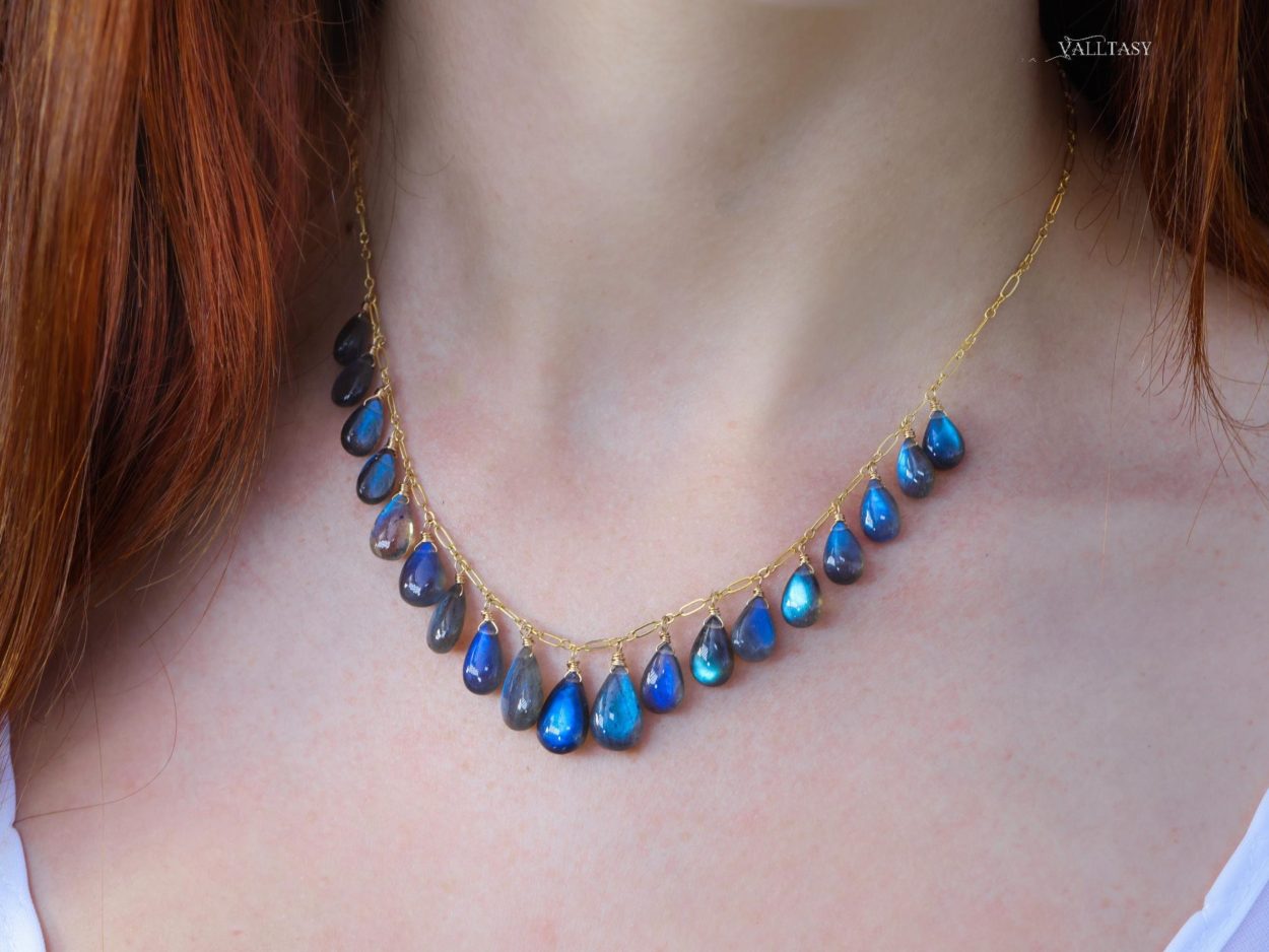 - 14K Solid Gold Blue Labradorite Necklace, Drop Necklace