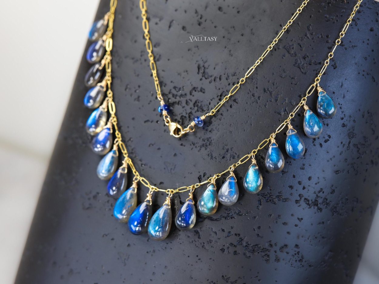 - 14K Solid Gold Blue Labradorite Necklace, Drop Necklace