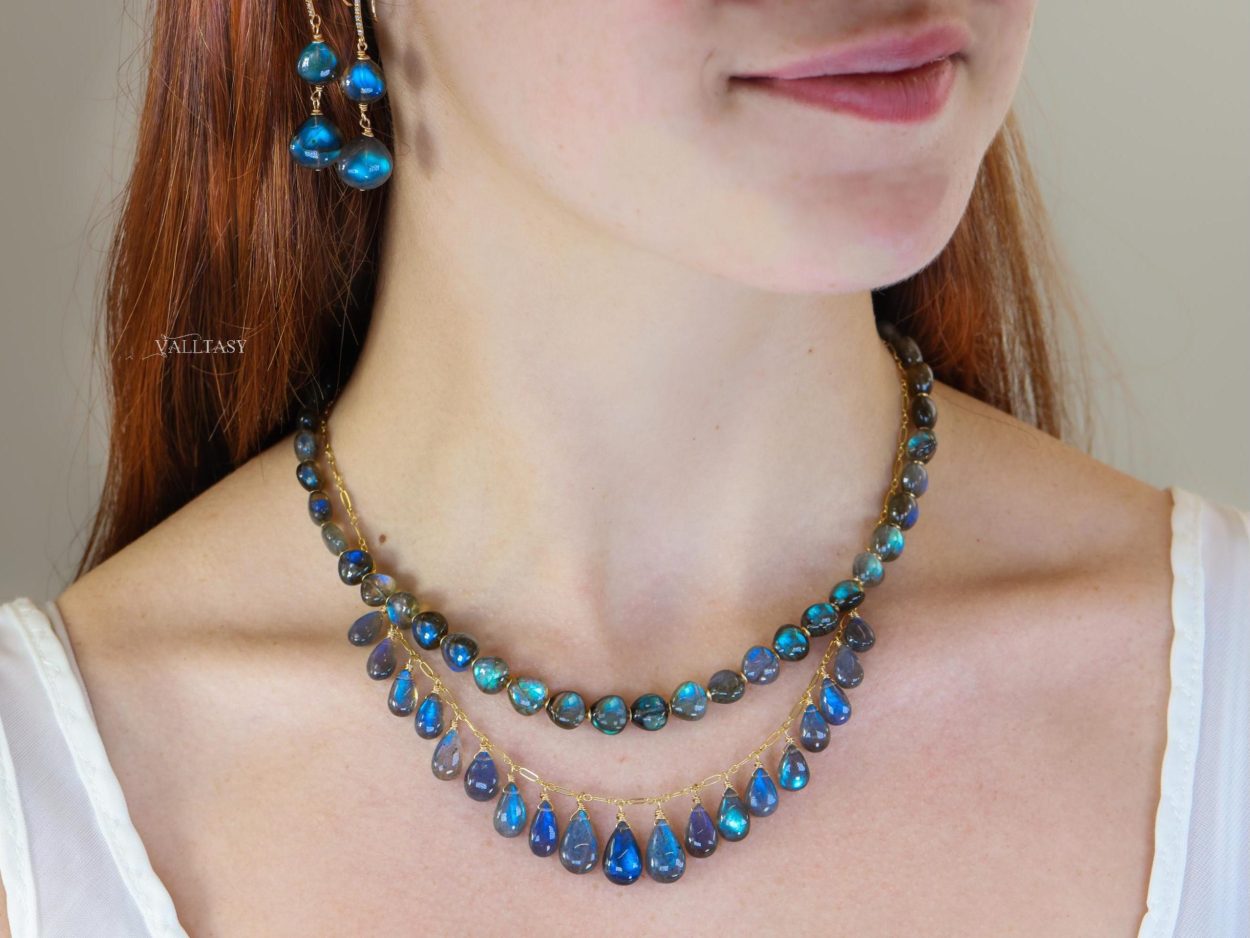 - 14K Solid Gold Blue Labradorite Necklace, Drop Necklace