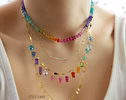 - 14K Solid Gold Rainbow Gemstone Fringe Necklace, Multi Gemstone Drop Necklace