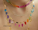 - 14K Solid Gold Rainbow Gemstone Fringe Necklace, Multi Gemstone Drop Necklace