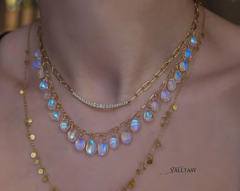 - Rainbow Moonstone Necklace, Deep Blue Fire Moonstone Drop Necklace in Gold Filled