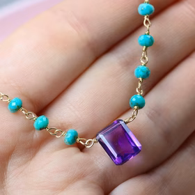 The Calypso Necklace – Amethyst and Turquoise Wire Wrapped Rosary Necklace