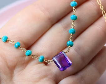 - Amethyst and Turquoise Wire Wrapped Rosary Necklace