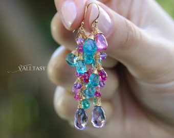 - Aqua Blue Apatite, Pink Topaz and Pink Amethyst Gemstone Earrings