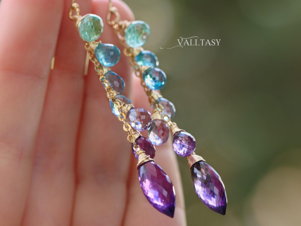 - Aqua Blue Purple Gemstone Dangle Earrings with Amethyst and Topaz