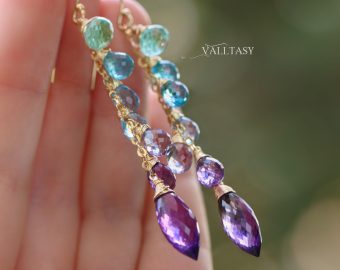 - Aqua Blue Purple Gemstone Dangle Earrings with Amethyst and Topaz