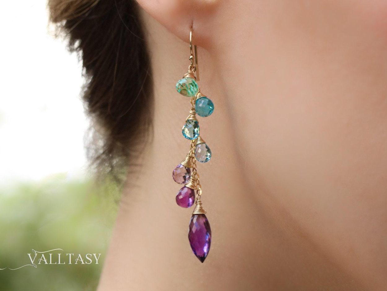 - Aqua Blue Purple Gemstone Dangle Earrings with Amethyst and Topaz