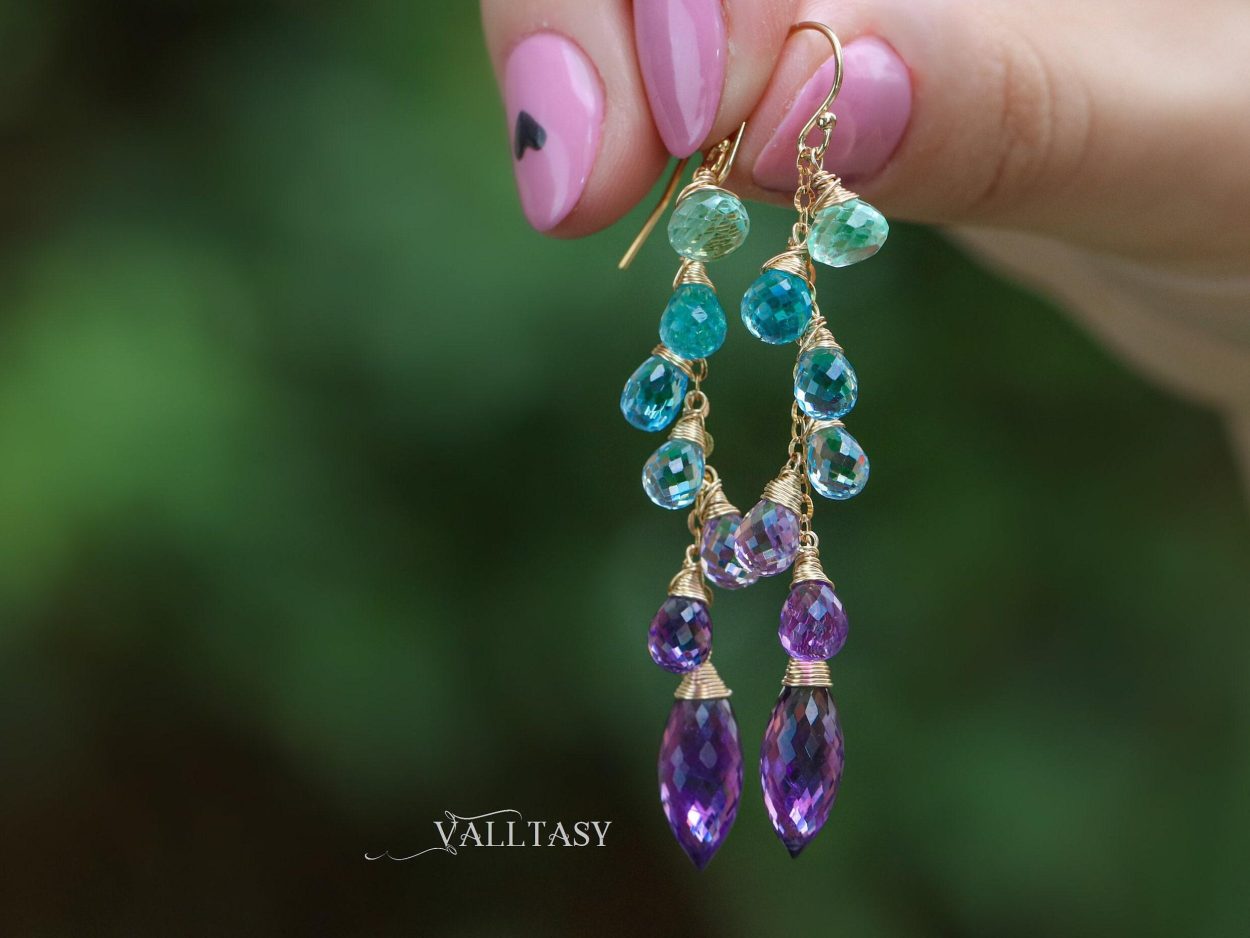 - Aqua Blue Purple Gemstone Dangle Earrings with Amethyst and Topaz
