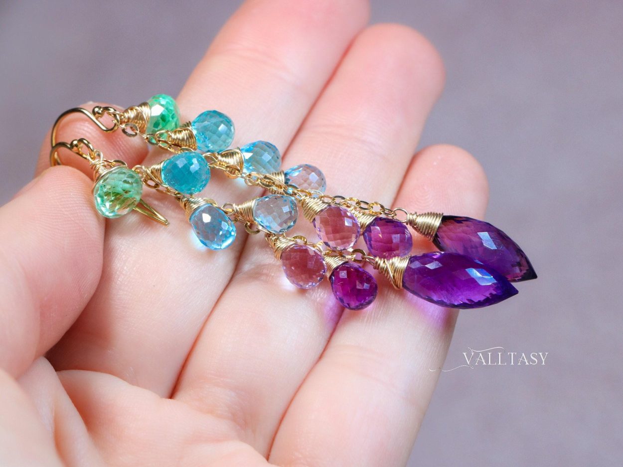 - Aqua Blue Purple Gemstone Dangle Earrings with Amethyst and Topaz