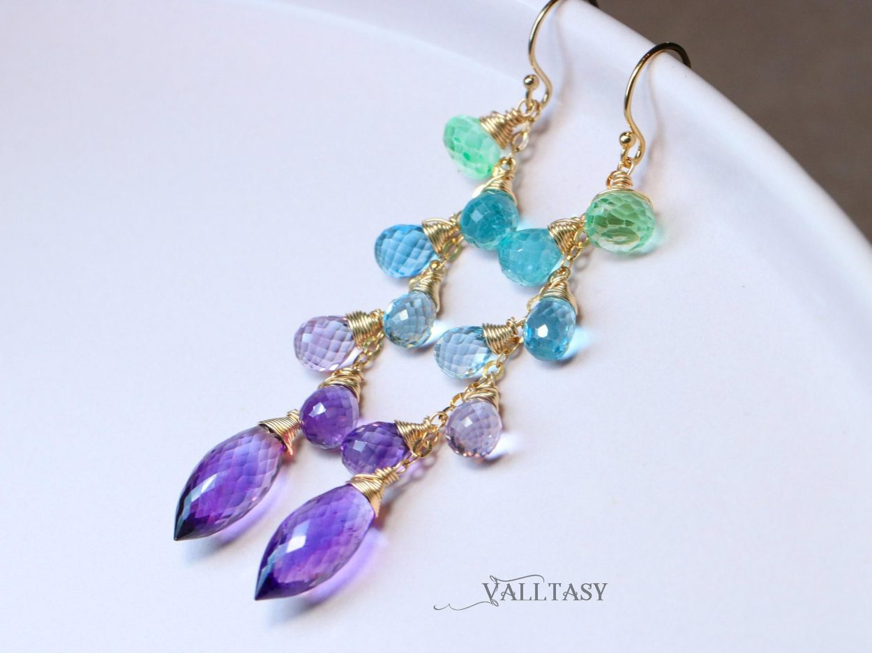 - Aqua Blue Purple Gemstone Dangle Earrings with Amethyst and Topaz